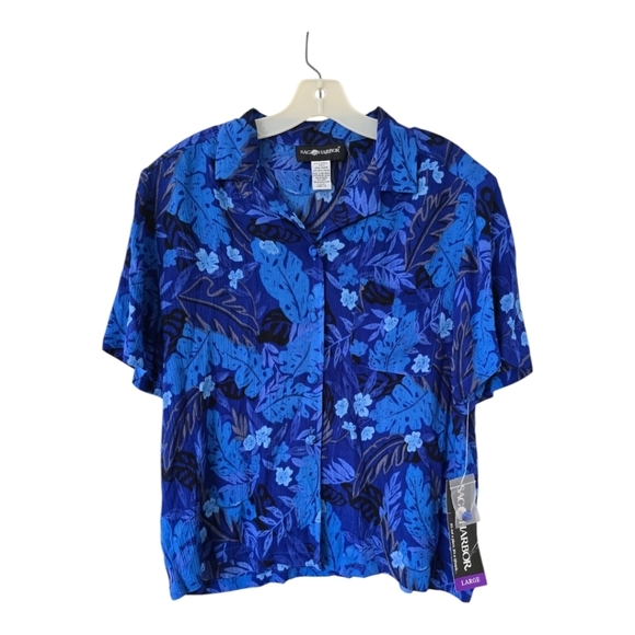 Sag Harbor Jacket Floral Womens Large Blue Black Short Sleeves Button Up… - Picture 1 of 12